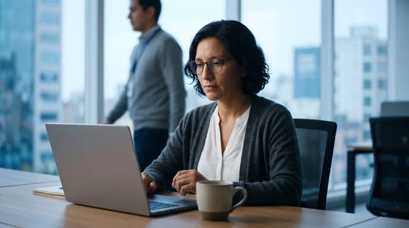 Analista trabaja en su laptop con un café