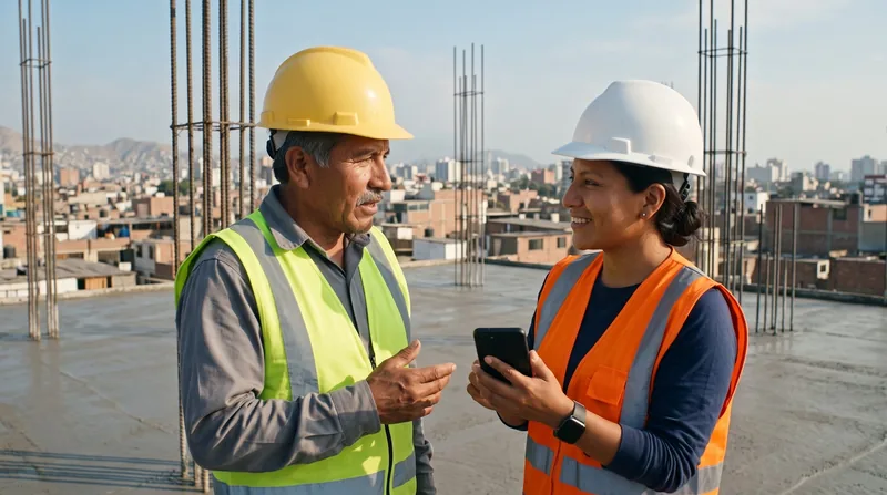Capataz e ingeniera revisan el avance en el celular en la azotea de la obra