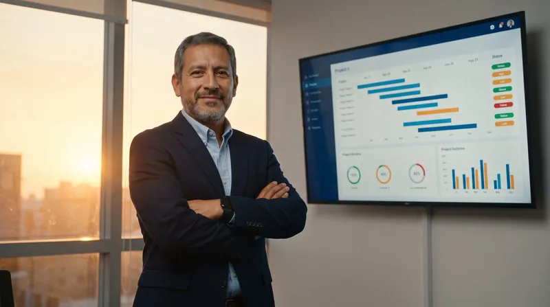 Gerente frente a un tablero con indicadores en la oficina