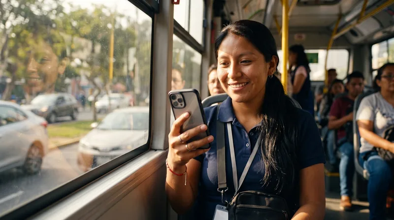 Promotora consulta la app en el bus camino a su siguiente punto