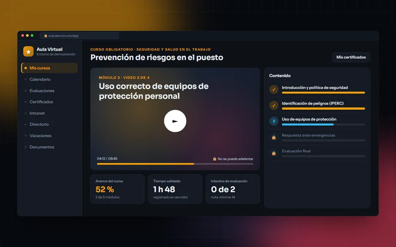 Curso con video que no se puede adelantar, avance y módulos bloqueados