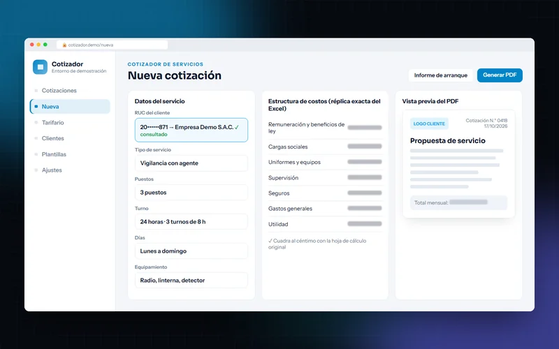 Nueva cotización con datos del servicio, consulta de RUC y estructura de costos, con montos ocultos