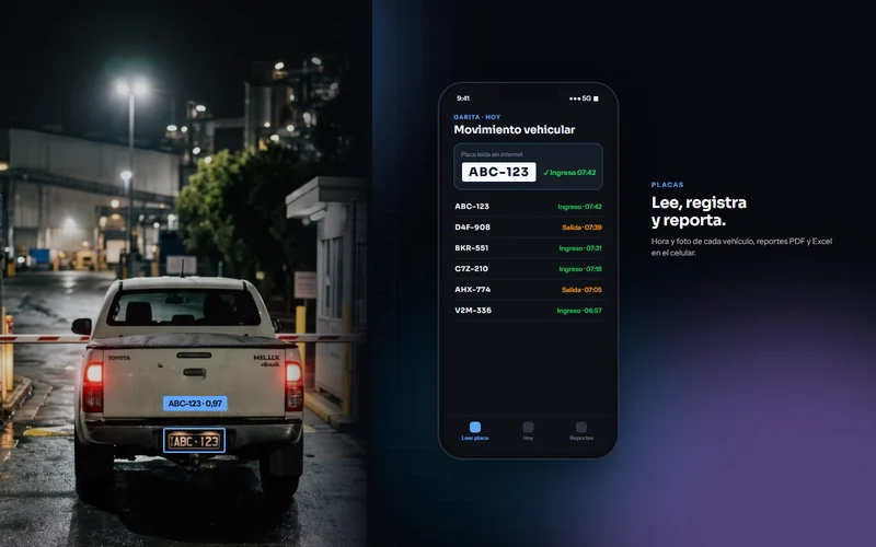 Garita de noche con la placa del vehículo reconocida y la app con el movimiento del día