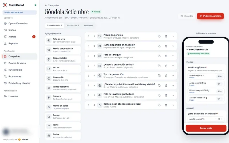 Constructor de la encuesta de campaña con vista previa en el celular