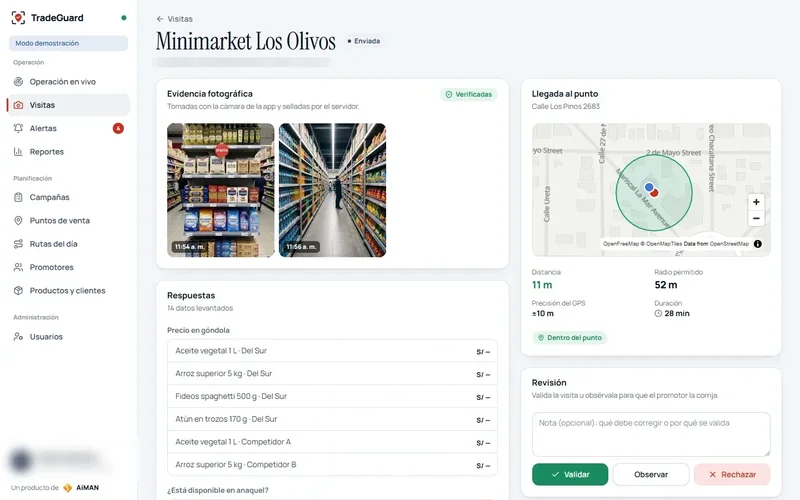 Visita con fotos selladas y llegada validada por GPS a pocos metros del punto