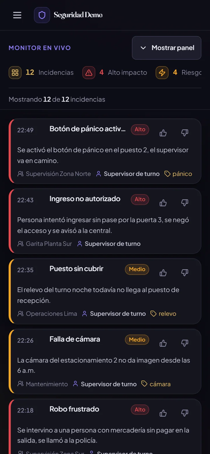 Monitor de incidencias en el celular, ordenado por urgencia