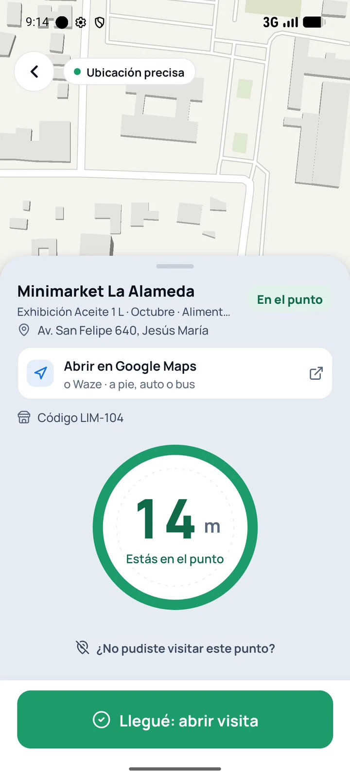 App del promotor confirmando la llegada al punto de venta por GPS