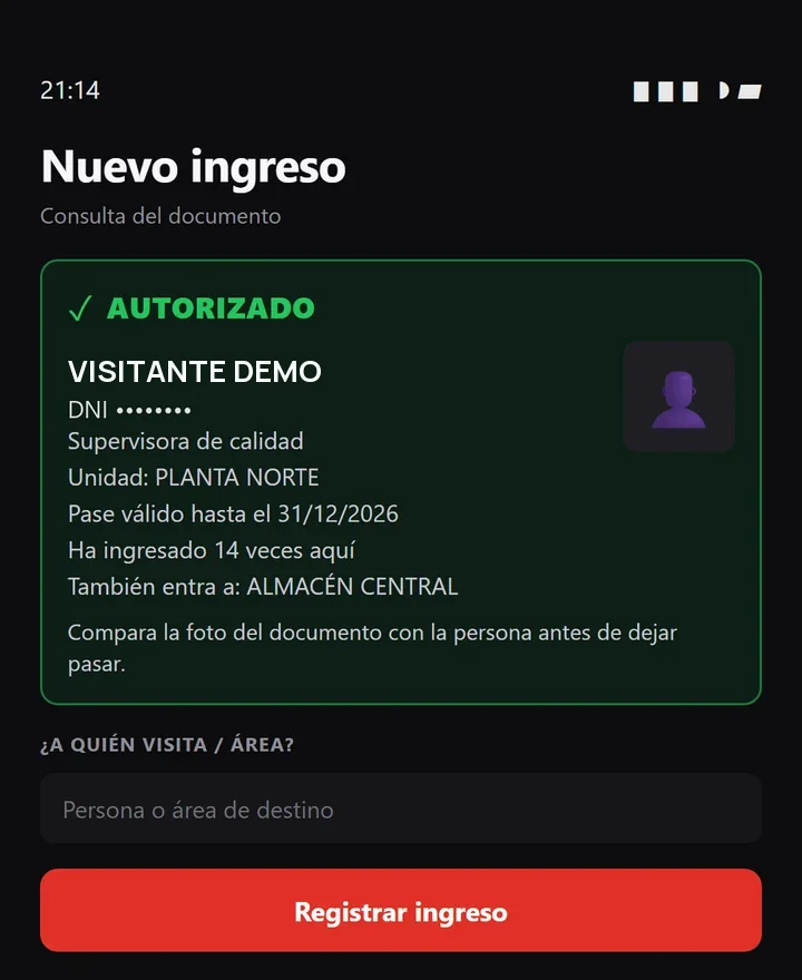 Resultado de acceso autorizado con los datos del pase