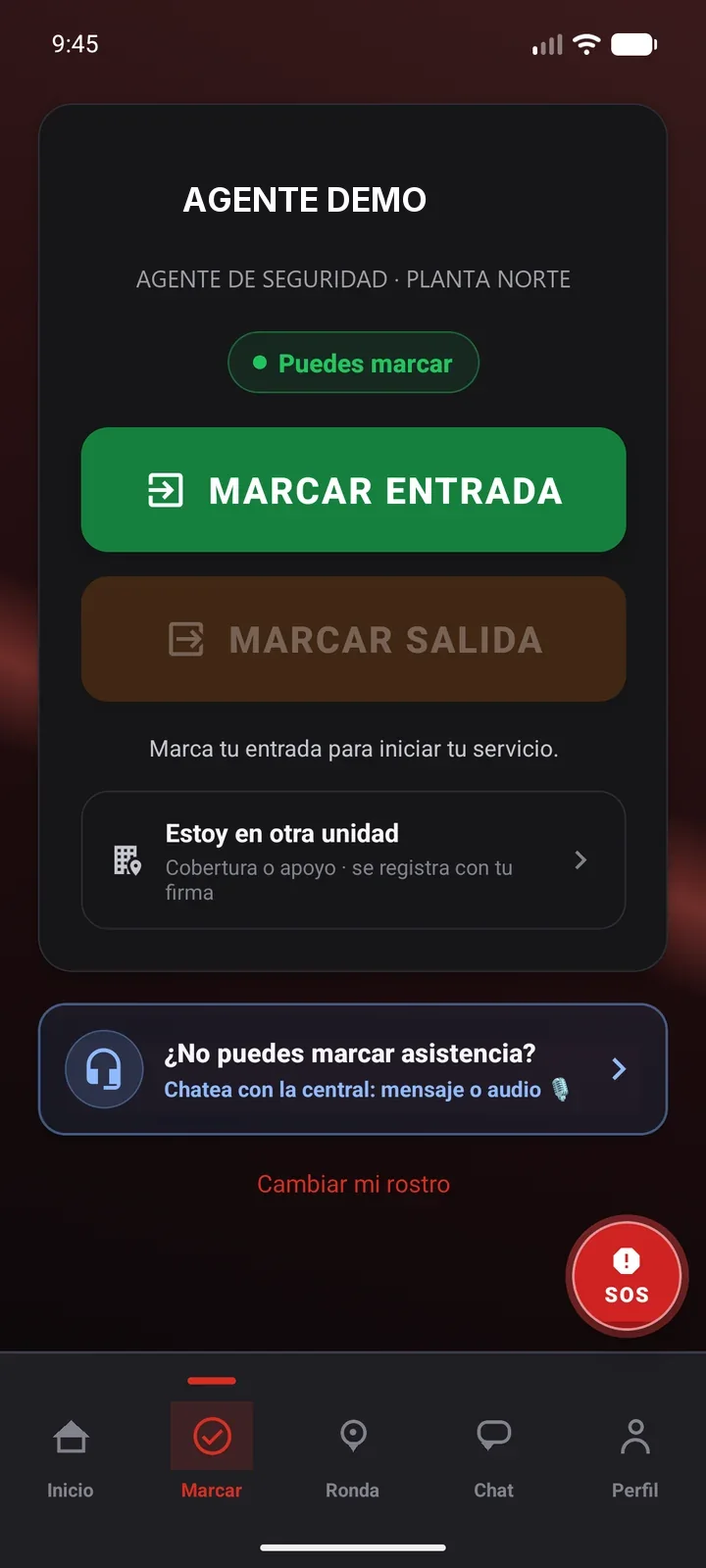 App del agente para marcar entrada y salida, con botón SOS
